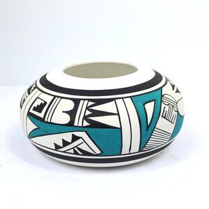 Mexican Pottery Turquoise White Black Pueblo Pottery Bowl Signed  R Galvan